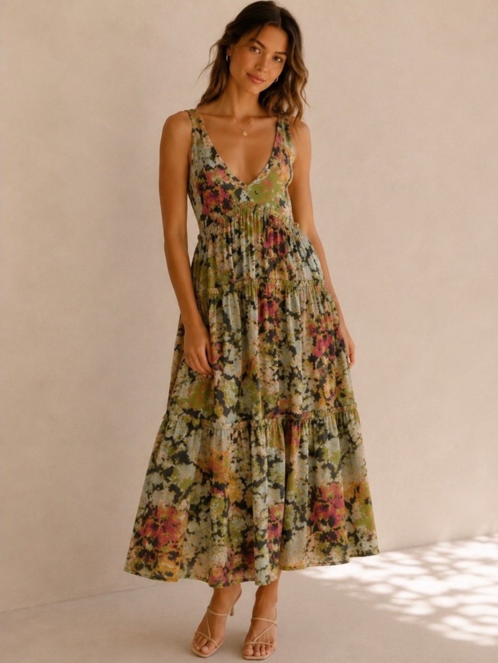 Free People Julianna Maxi Dress Green Sleeveless Tiered Ruffle Size XS - Picture 9 of 16